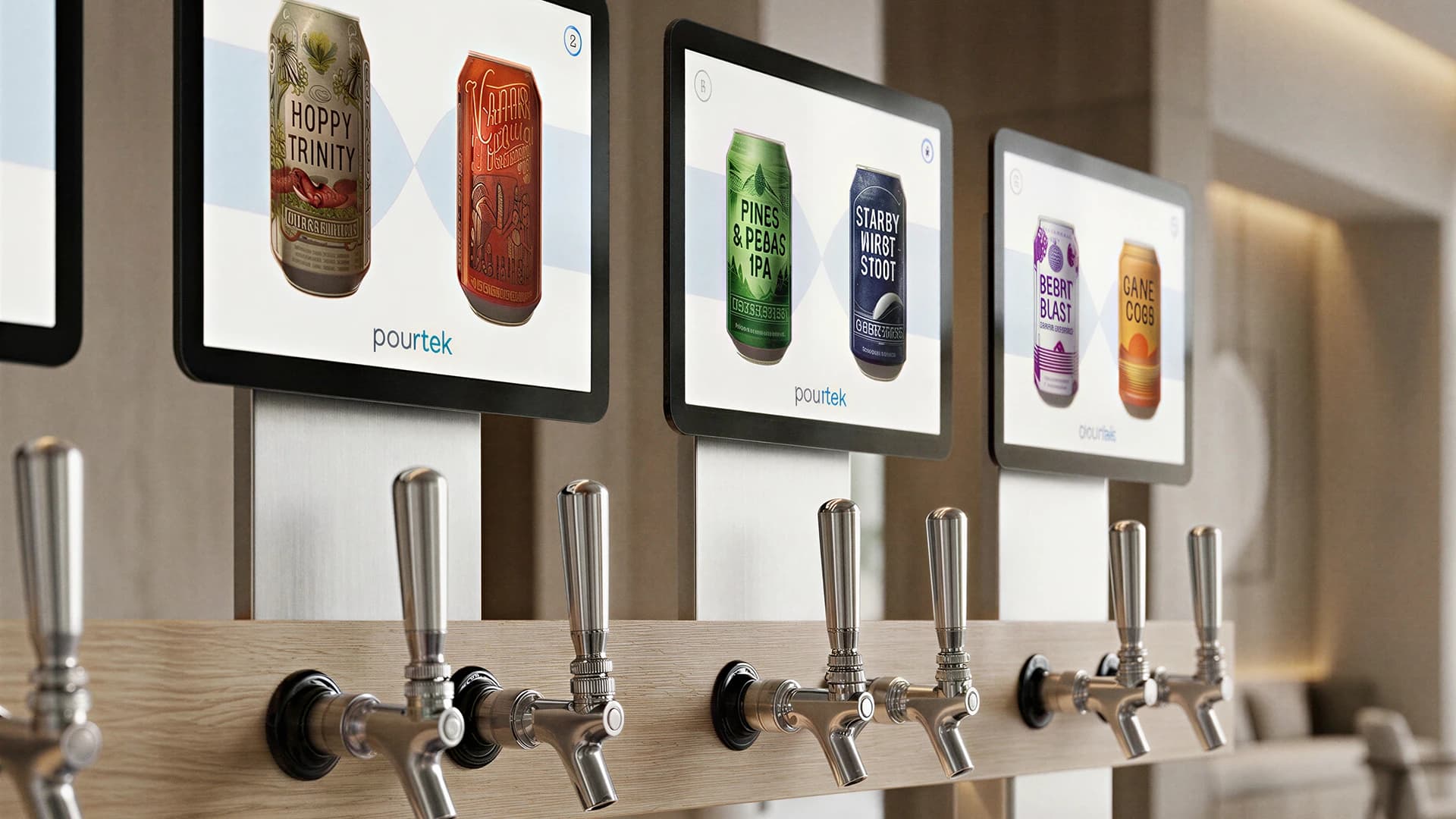 Modern Pourtek self-pour tap wall with digital screens above each pair of faucets