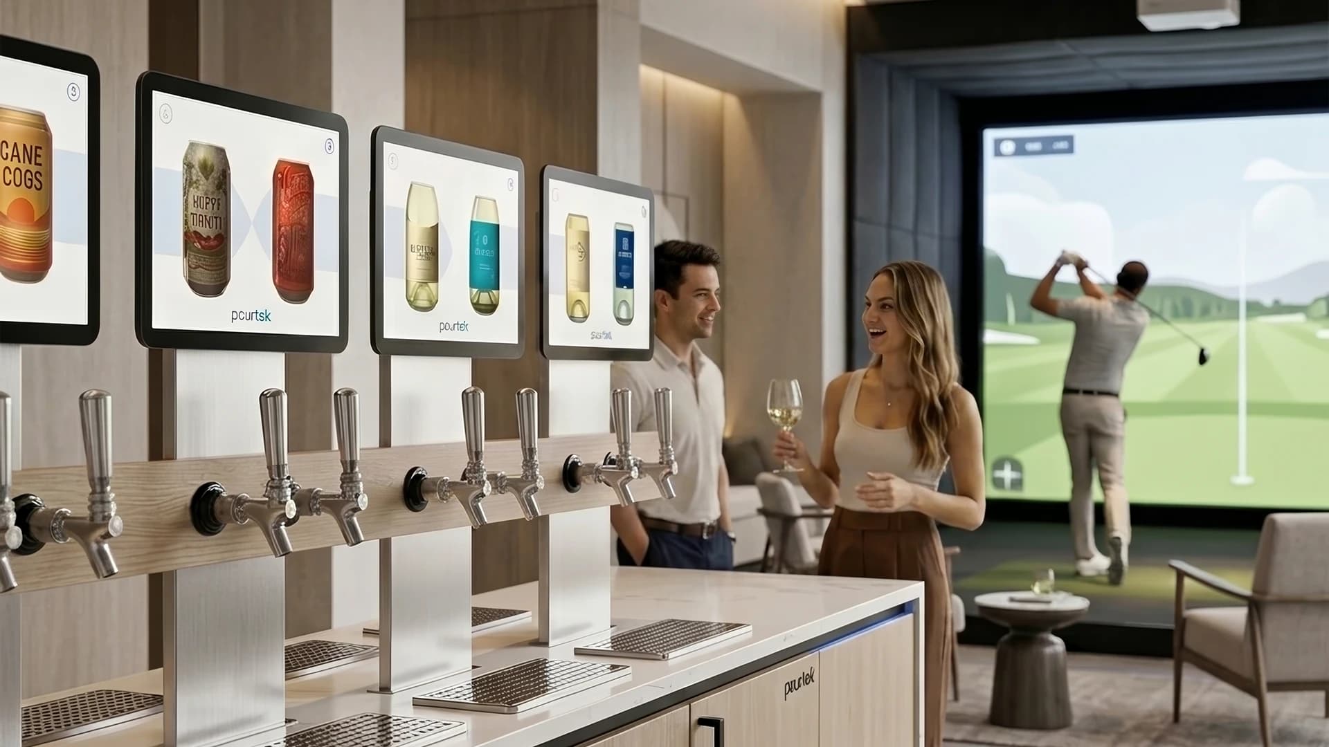 Upscale golf entertainment venue with a Pourtek self-pour beverage experience integrated into the guest environment