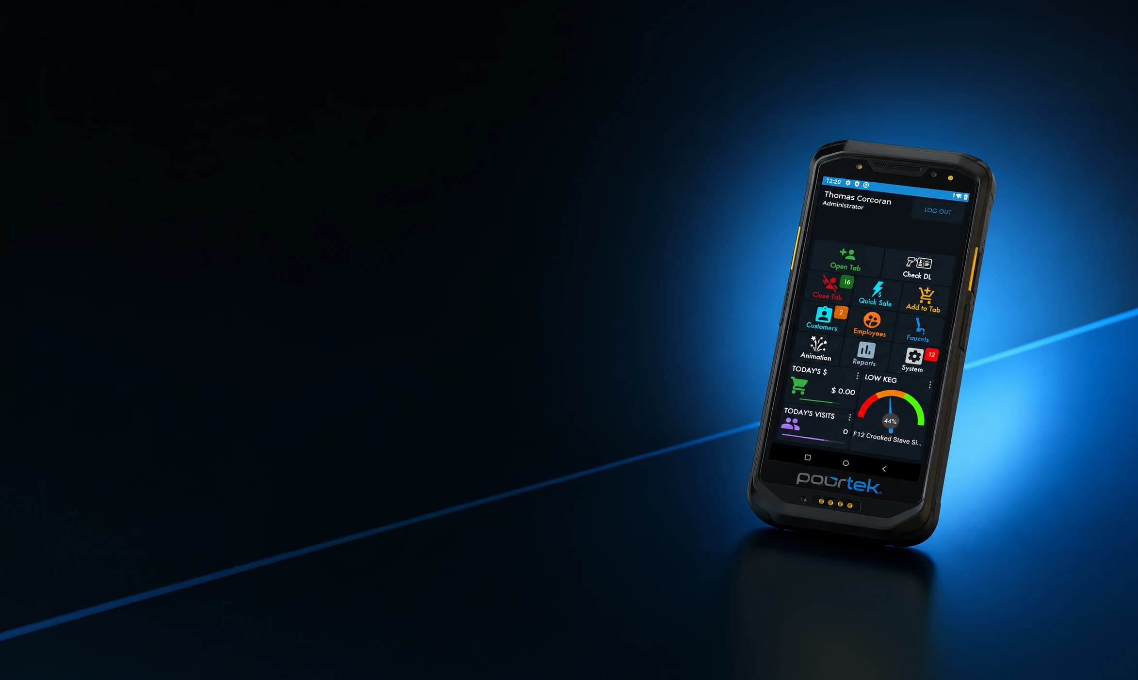 Pourtek rugged Android handheld displaying the mobile operations dashboard