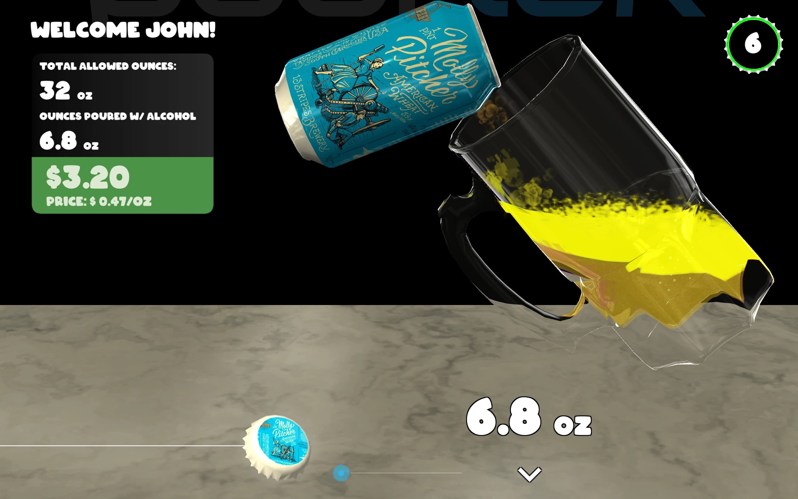 Live pour screen with animated fill and real-time pricing