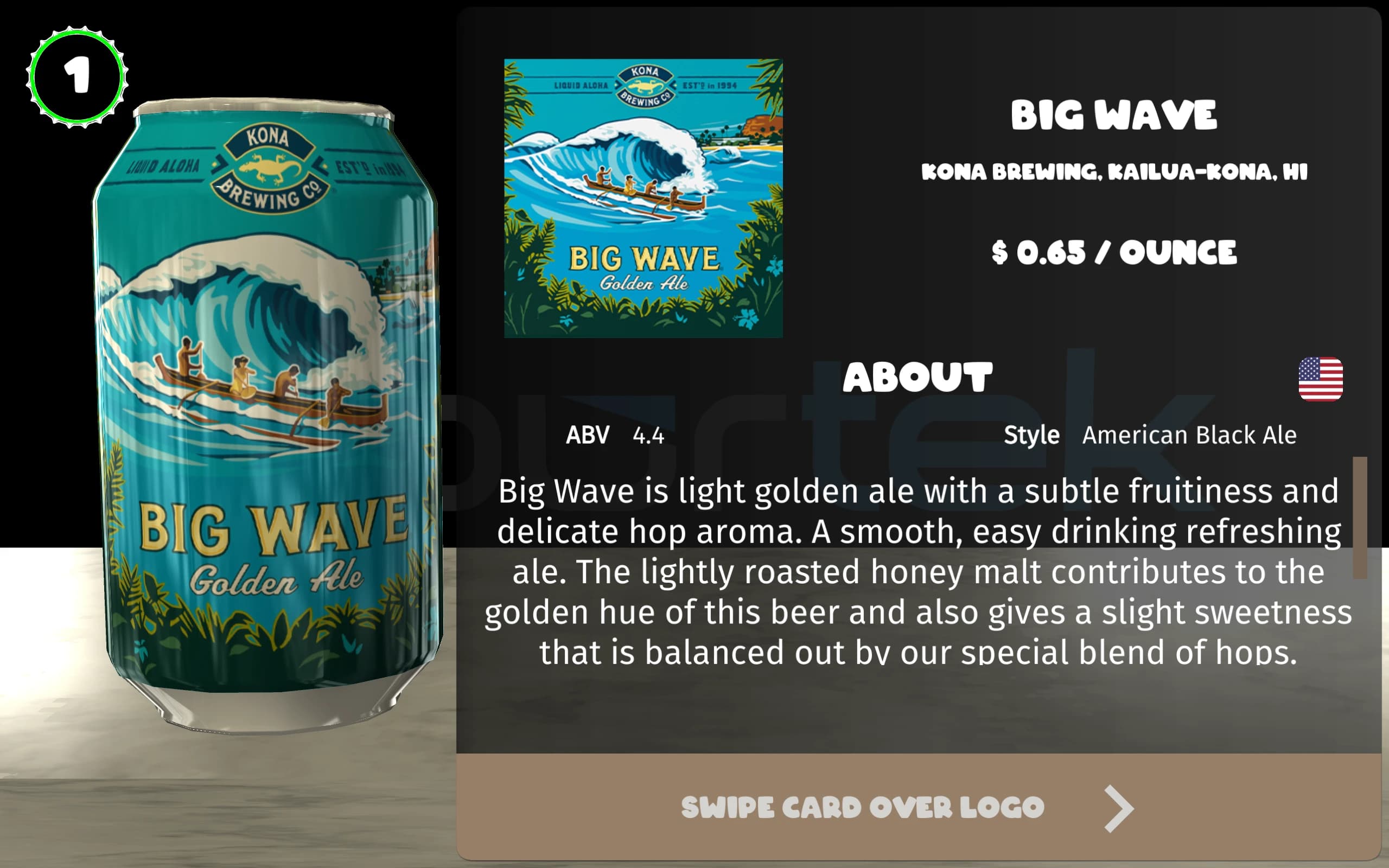 Beverage detail panel showing ABV, IBU, pricing and availability