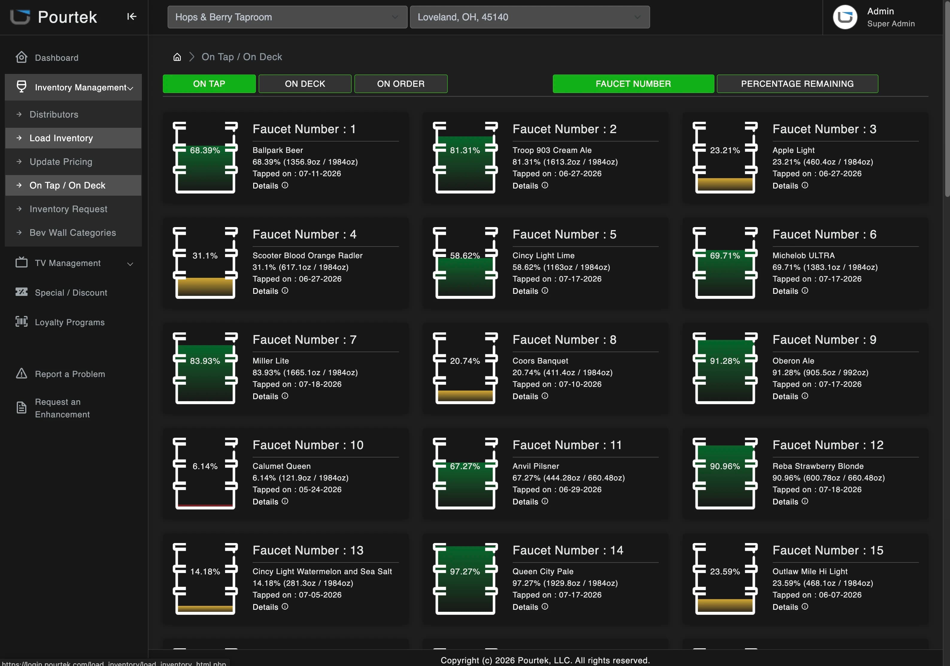 Pourtek web portal screen monitoring real-time keg levels across every faucet