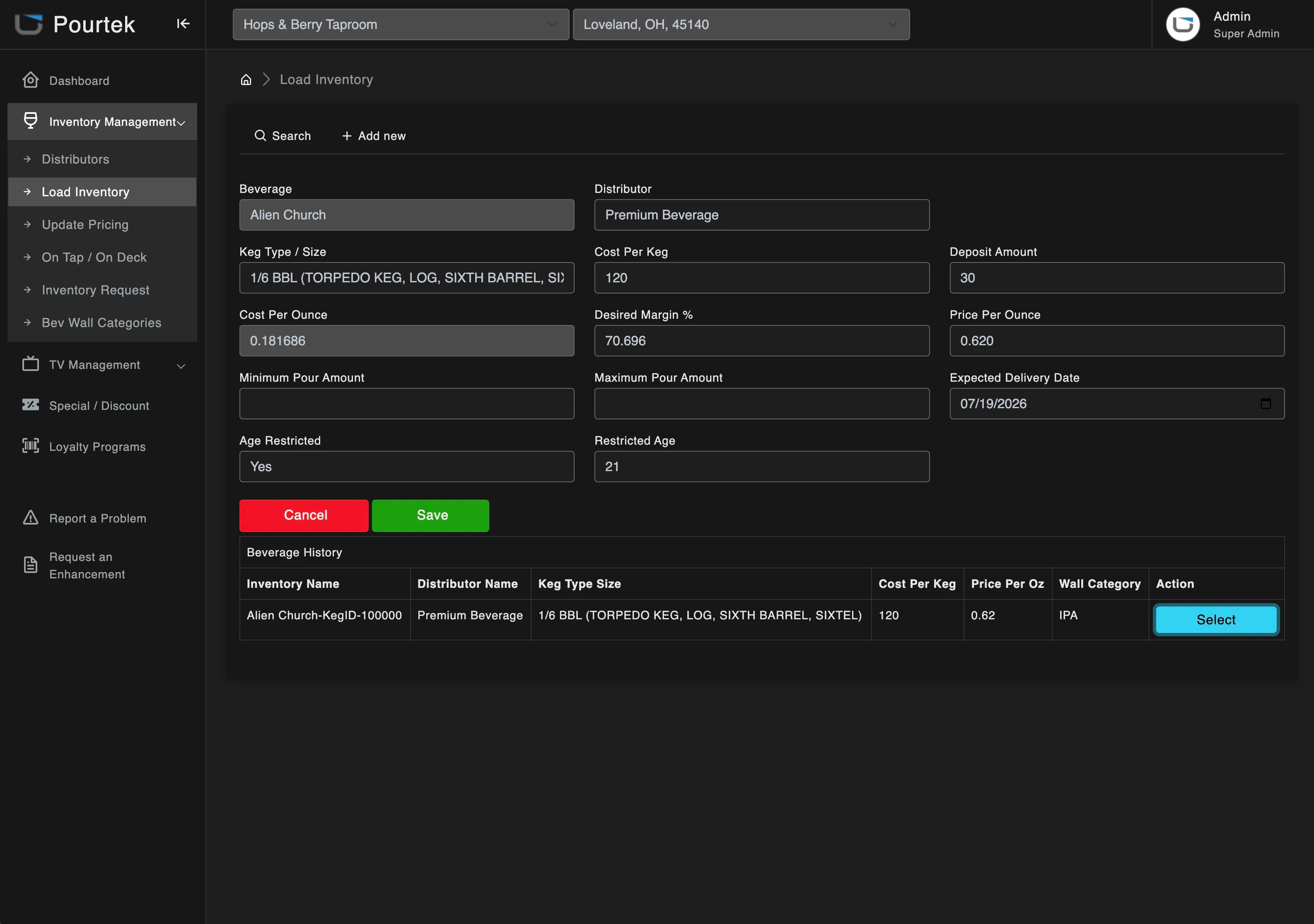 Pourtek web portal screen for loading new beverage inventory