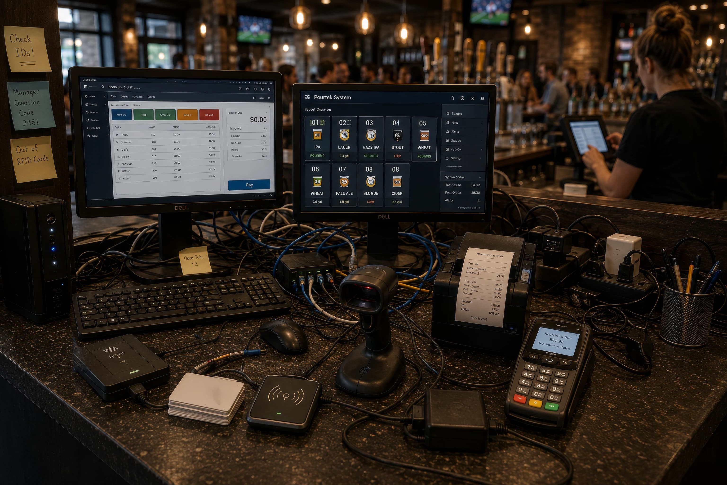Cluttered legacy self-pour workstation with monitor, keyboard, printer, and cables